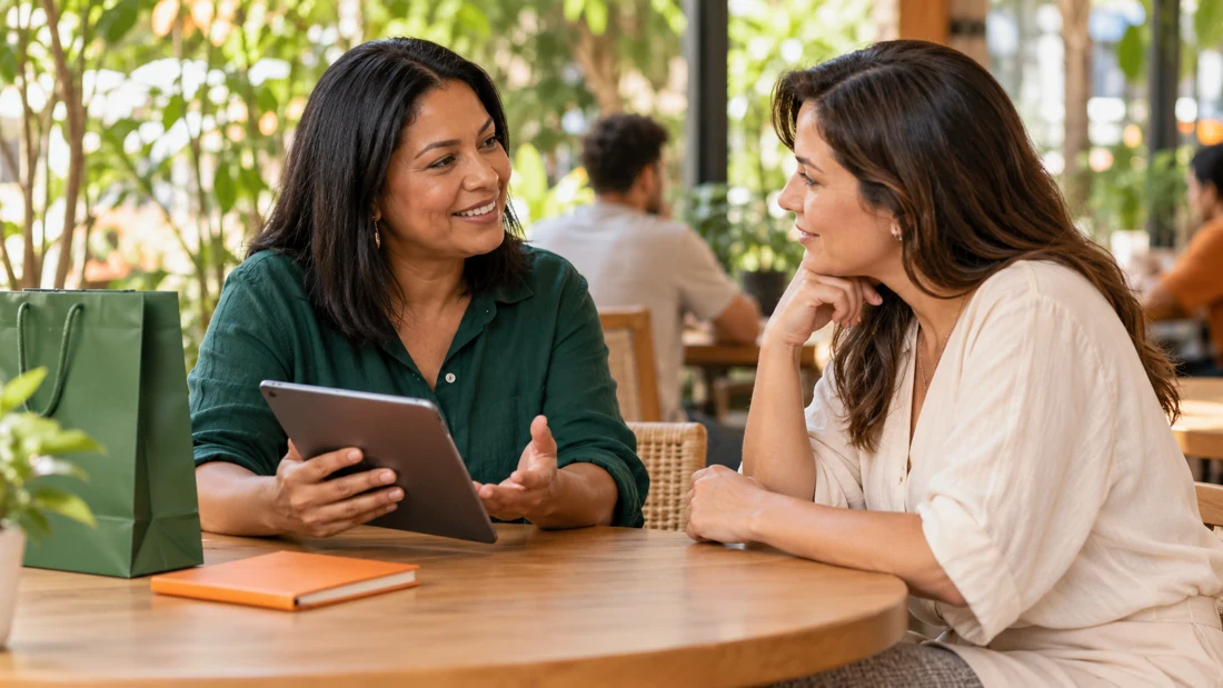 Duas mulheres conversam sobre uma oportunidade de venda direta em um ambiente acolhedor.